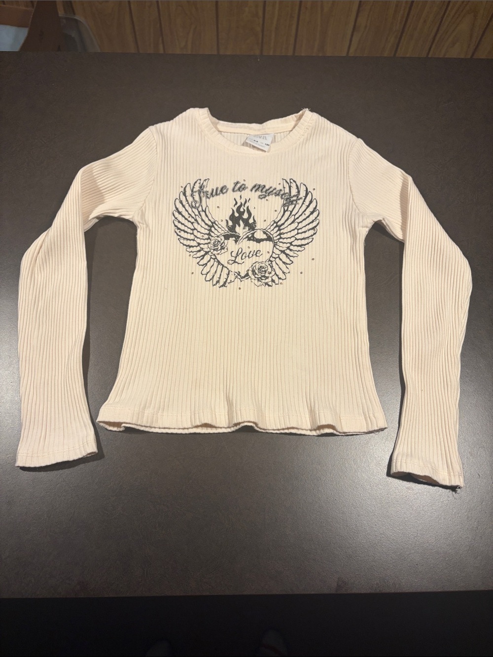 Zara Cream Ribbed Long-Sleeve Top with Winged Heart Graphic